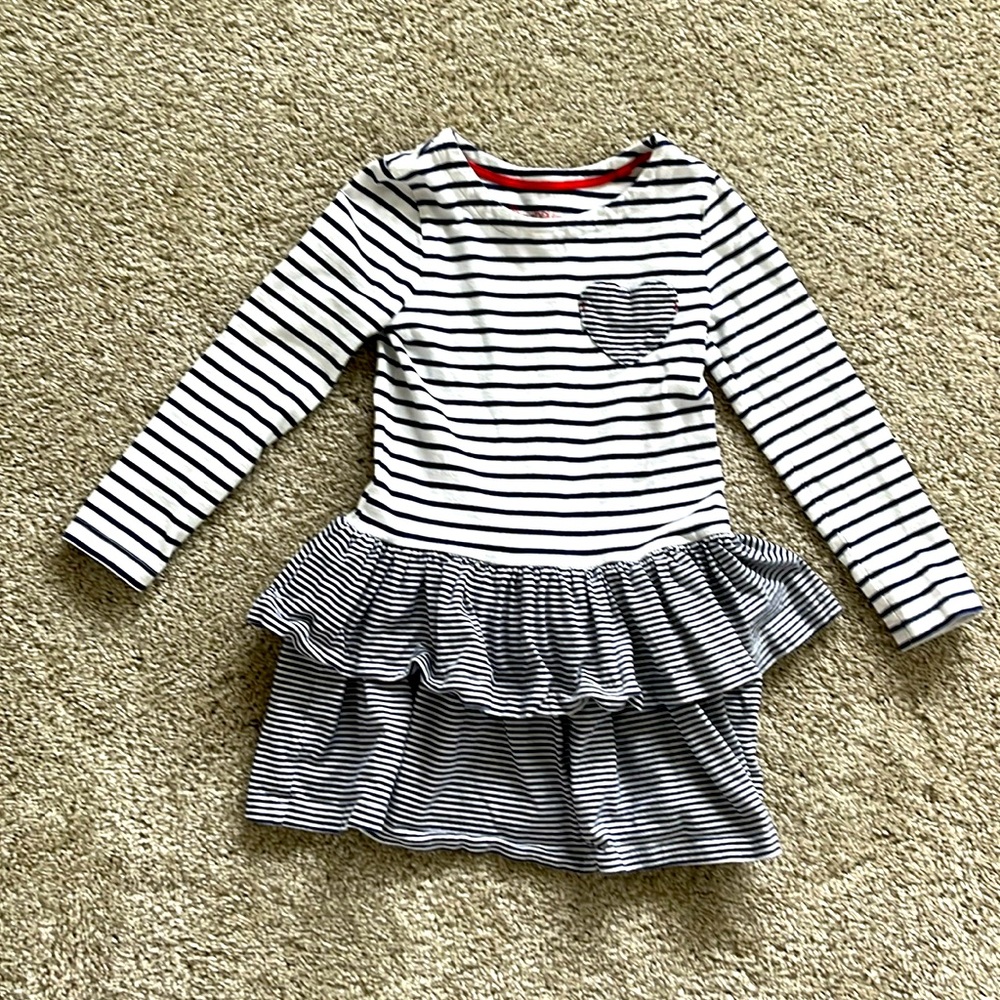 Long sleeved blue and white striped ruffle tiered dress